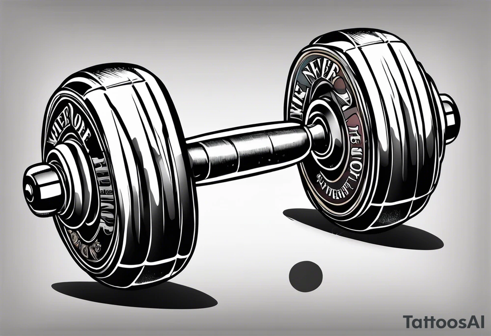 Dumbell with writing text : never enough tattoo idea