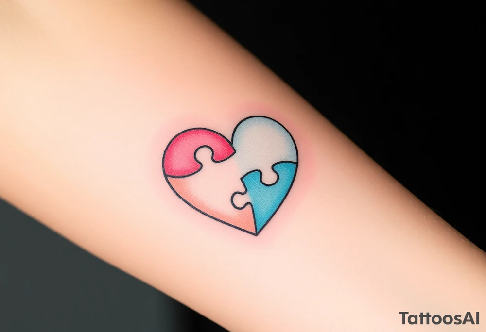 A heart-shaped puzzle with two interlocking pieces, one soft pastel pink and the other baby blue, symbolizing the inseparable bond between parent and child tattoo idea