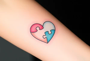 A heart-shaped puzzle with two interlocking pieces, one soft pastel pink and the other baby blue, symbolizing the inseparable bond between parent and child tattoo idea