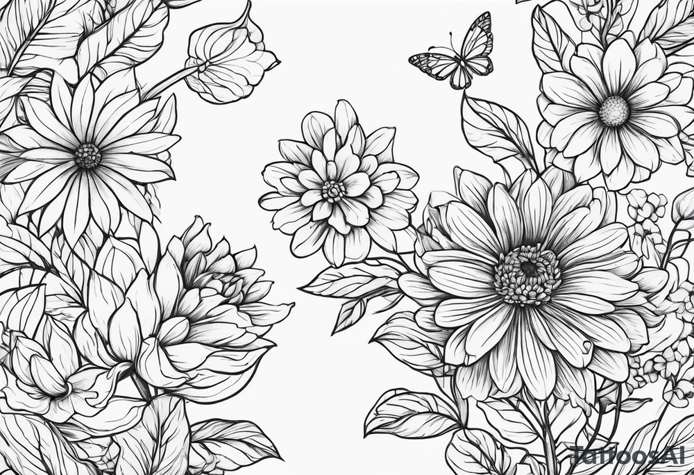 September month flower and April month flower meeting together horizontally simple line work tattoo idea
