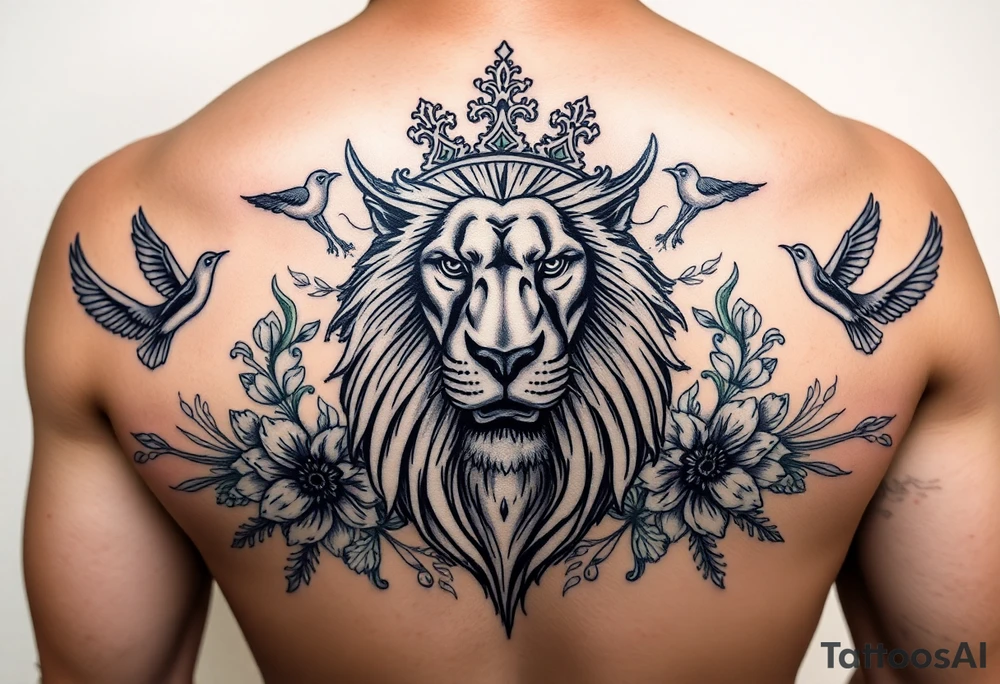 powerful majestic lion with a crown, surrounded by floral ornaments and birds tattoo idea