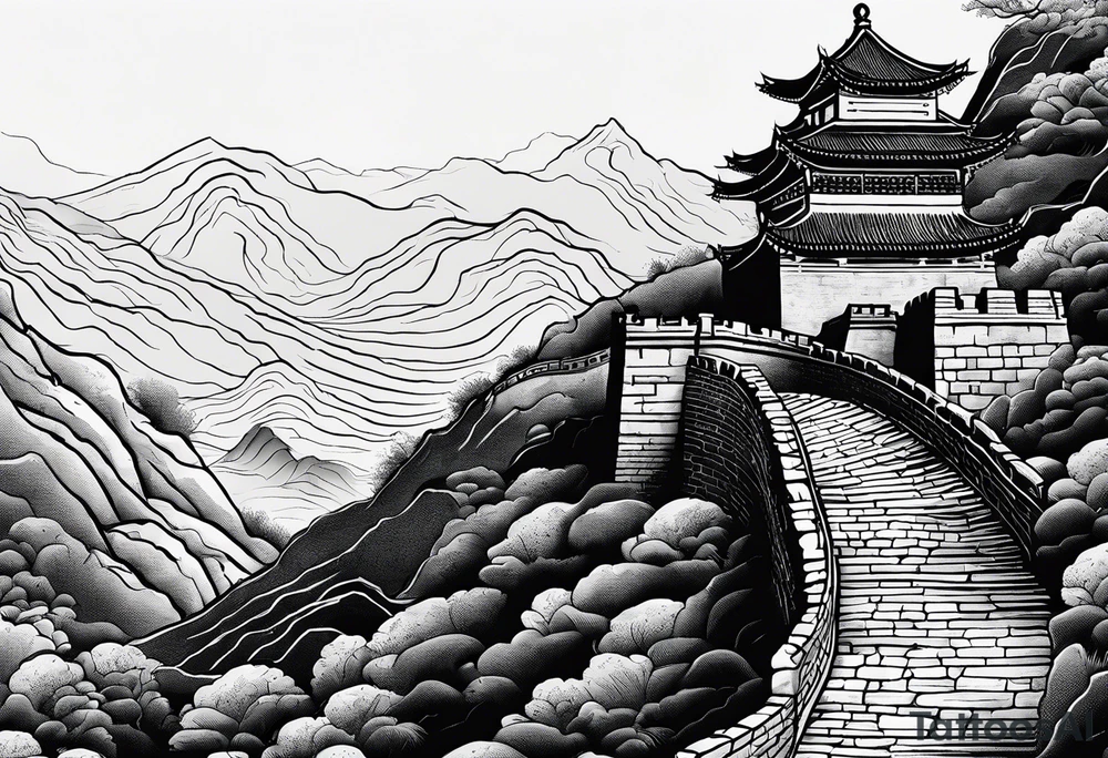 Rat behind Tiger and Snake on the great Wall of China with Temple tattoo idea