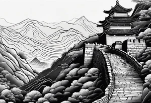 Rat behind Tiger and Snake on the great Wall of China with Temple tattoo idea