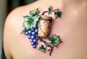 Cork & Vine – A simple design featuring a wine cork entwined by a grapevine, with green leaves, purple grapes, and natural brown bark texture. tattoo idea