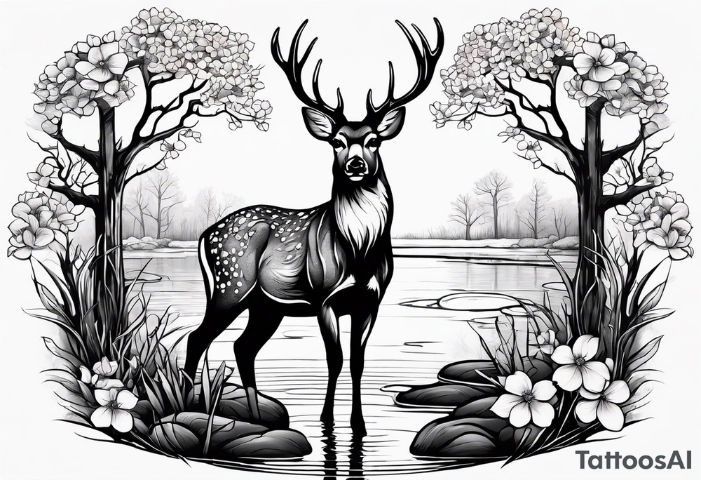 Deer standing in front of a pond with trees and dogwood flowers in the background tattoo idea