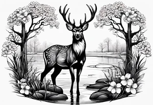 Deer standing in front of a pond with trees and dogwood flowers in the background tattoo idea