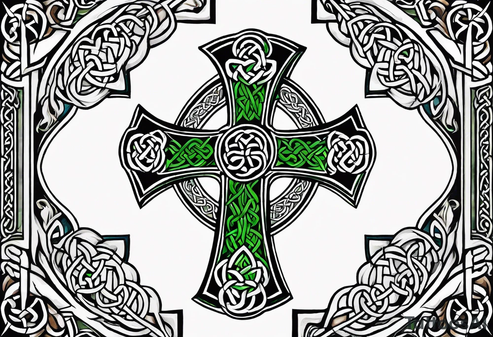 Celtic cross, shamrock in center of cross, one Indian feather hanging from each side arm of cross tattoo idea