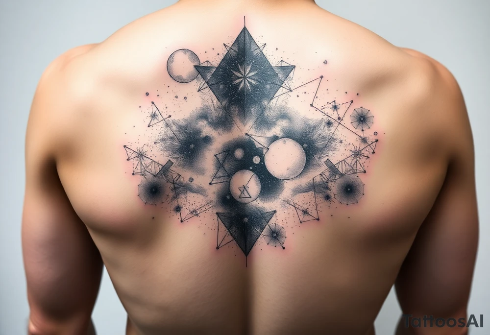 full milky way that covers the upper middle back and is geometric. also has Has hues of color tattoo idea