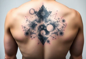 full milky way that covers the upper middle back and is geometric. also has Has hues of color tattoo idea