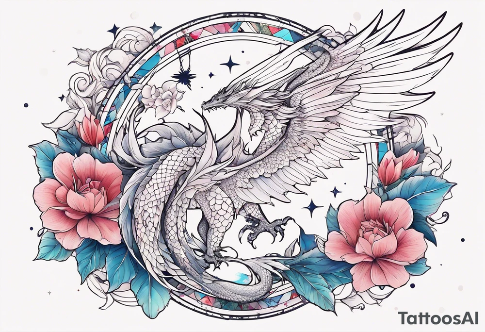 Constellation, wing , snow , cross , dragon female japan kawaii , flower tattoo idea
