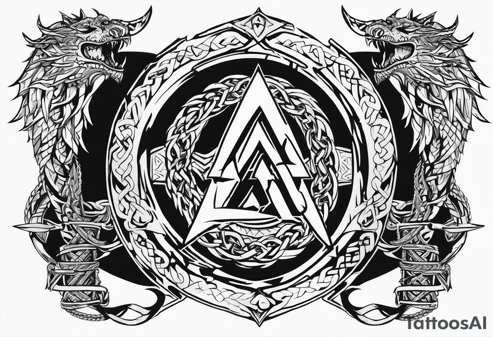 Valhalla sword shield dragon axe Valknut barbed wire chains tribal tattoo idea Valhalla sword shield dragon axe Valknut barbed wire chains tribal tattoo idea