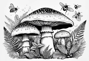 Botanical, wildlife, mushroom, bumble bee, moth, fern tattoo idea