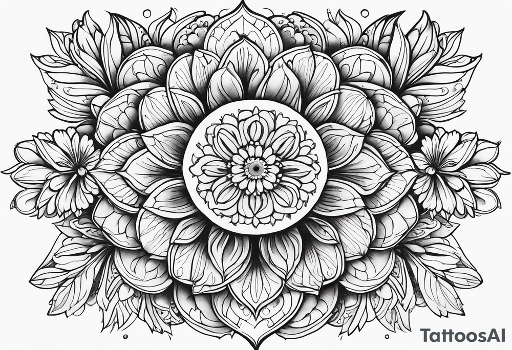 Flowers, colorful, horizontal, botanical with black and white mandala background tattoo idea