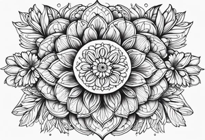 Flowers, colorful, horizontal, botanical with black and white mandala background tattoo idea