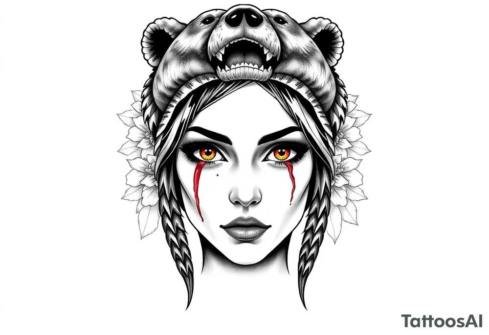 Symmetrical Beautiful Woman, looking forward, with colored eyes, shedding a tear, with battle scars and blood on face, with soft look, wearing a mean looking bear headdress on head, with flower background tattoo idea