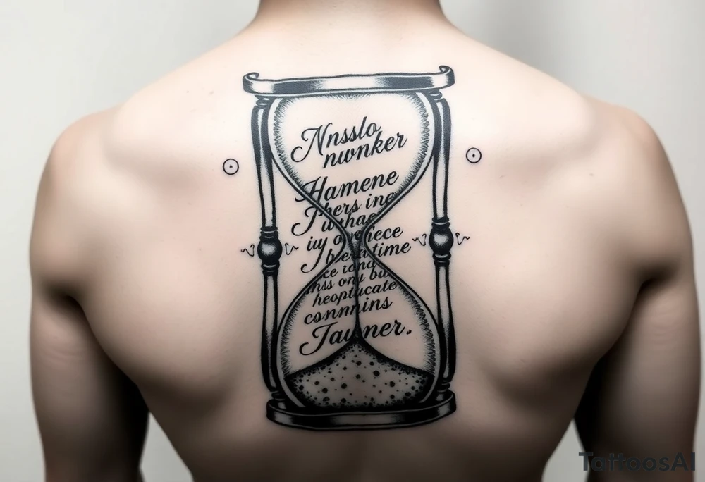 "Create a highly detailed, artistic black-and-gray tattoo design of an hourglass. Inside the hourglass, instead of sand, use a flowing handwritten text to represent the sand falling from the upper chamber to the lower one. The text should look like it is pouring down naturally, almost dissolving into grains as it falls. The hourglass should have an elegant, slightly worn look — symbolizing the passage of time — with some ornamental flourishes around it (optional). The text should be legible but integrated into the design, giving the impression that words are literally turning into sand as time passes." tattoo idea