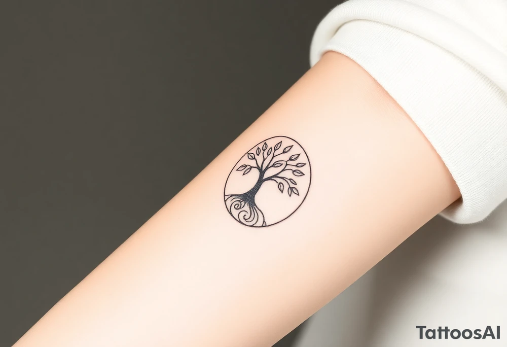 A tree in a circle,
 with fee leaves, with a spiral line moving outward, as its roots tattoo idea