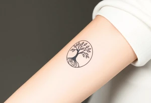 A tree in a circle,
 with fee leaves, with a spiral line moving outward, as its roots tattoo idea