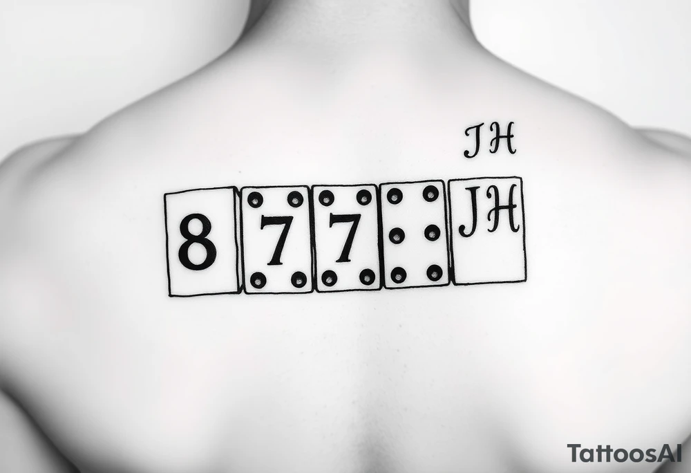 drei dominosteine hintereinander mit den augennummern 8 7 6 und beim letzten unten 6 und oben die Inizialen JH tattoo idea