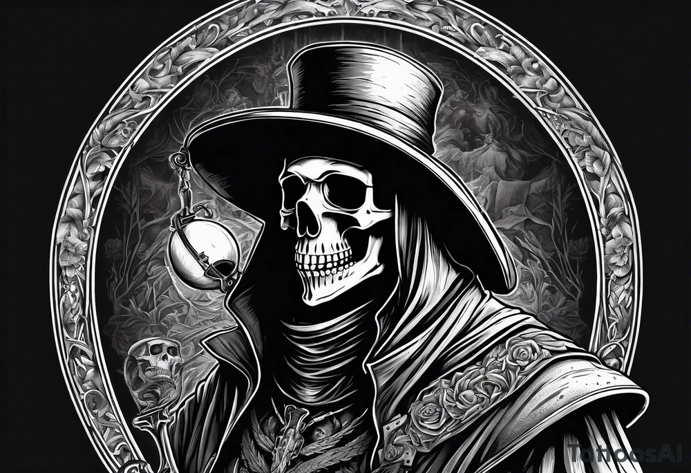 Skeleton holding plague doctor tattoo idea
