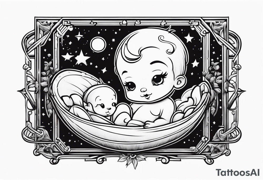 Old school cartoon foetus dans un rectangle à la verticale tattoo idea