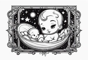 Old school cartoon foetus dans un rectangle à la verticale tattoo idea