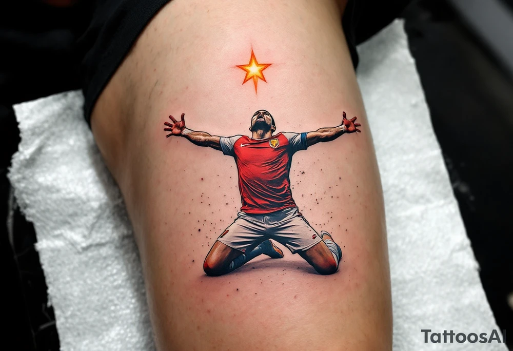 A tattoo of a player mid-slide on his knees after scoring, arms wide, in full red and white uniform with a glowing star above him. tattoo idea