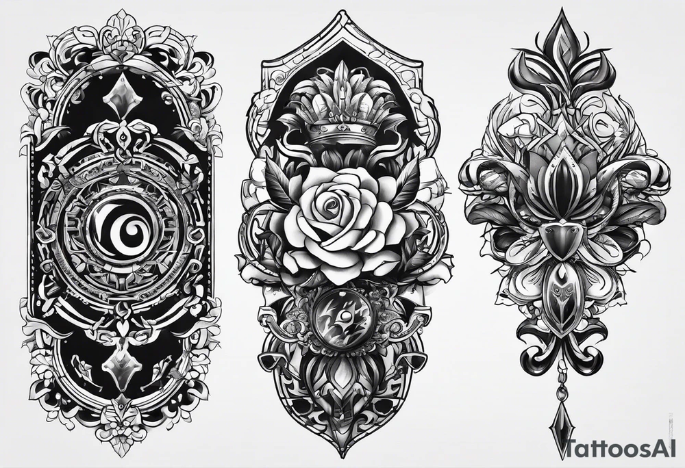 a tattoo with concept of adding buffs to luck for people who place it on their body. This tattoo will be in dark gothic and realistic art style, with Emblems presenting luck. tattoo idea