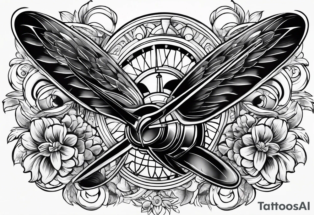 Old School tattoo with blue thristle flowers and a propeller tattoo idea