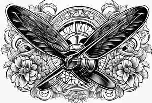 Old School tattoo with blue thristle flowers and a propeller tattoo idea