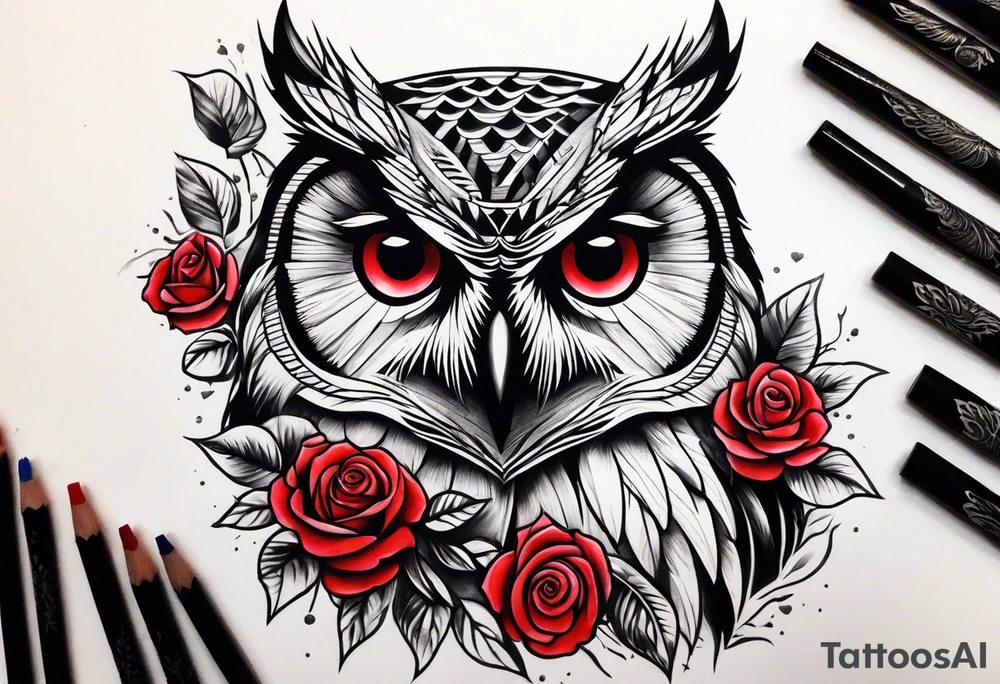 Owl with red roses tattoo idea