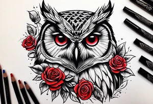 Owl with red roses tattoo idea