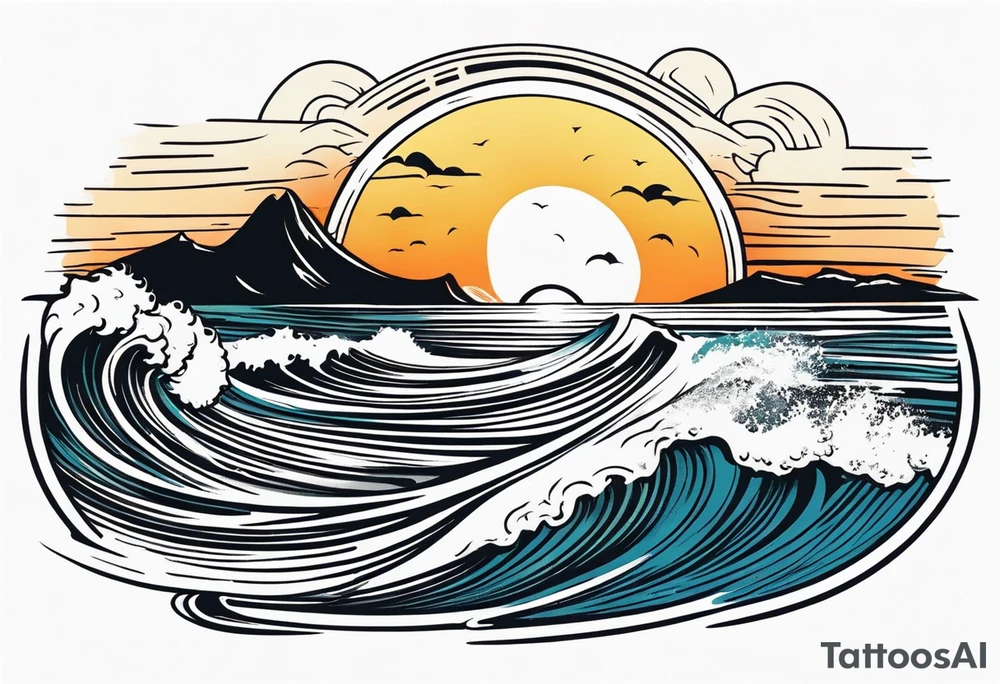 Hawaian beach with a big sun and many waves tattoo idea