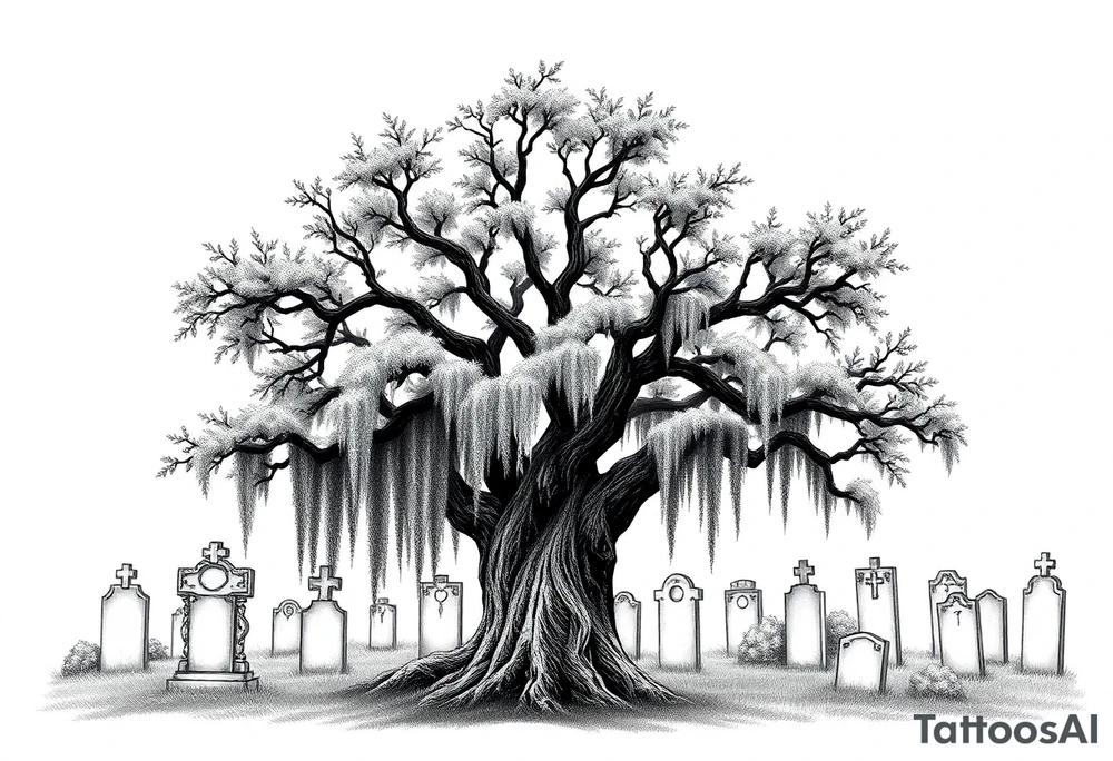 Laurel oak covered in Spanish moss in a cemetery tattoo idea