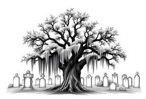 Laurel oak covered in Spanish moss in a cemetery tattoo idea
