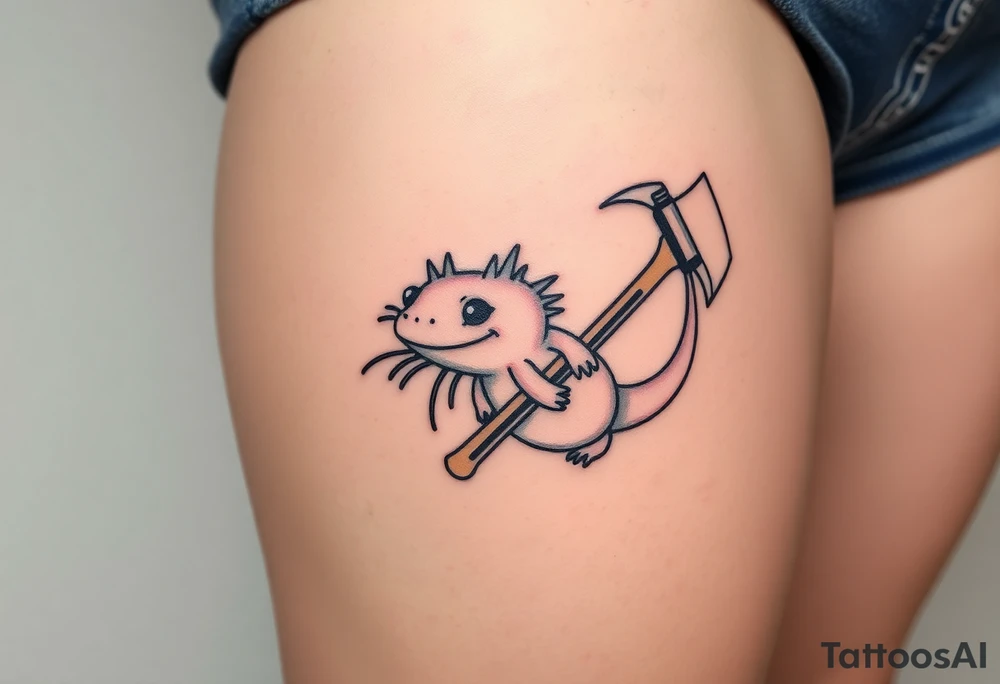 axolotl with big gills holding an axe tattoo idea