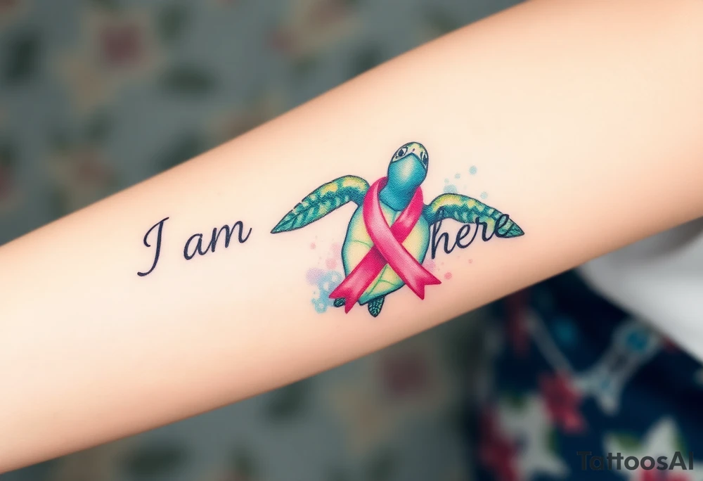 ‘I am here’ with breast cancer pink ribbon as I with Hawaiian theme sea turtle tattoo idea