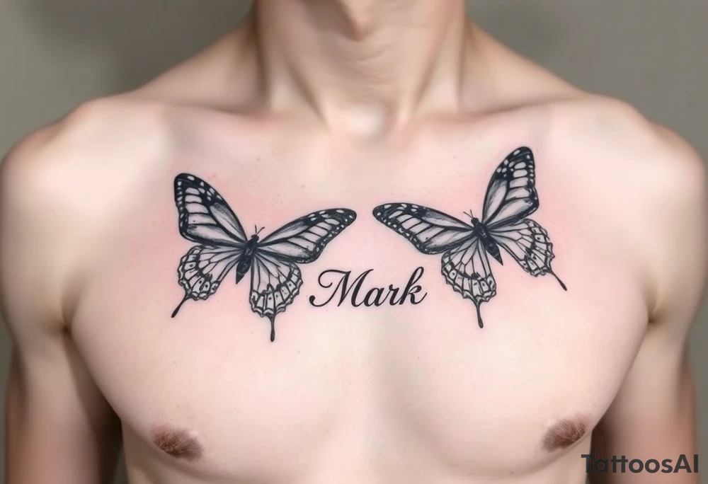 right side of chest with butterflies with the name “Mark” tattoo idea