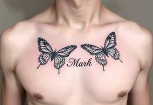 right side of chest with butterflies with the name “Mark” tattoo idea