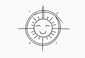 black tiny sun. a circle with thin lines as sunstrings. tiny smiley in the sun. thin lines. tattoo idea