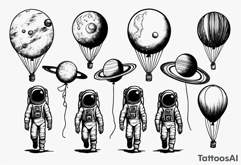 astronaut walking with balloons but balloons are planets tattoo idea