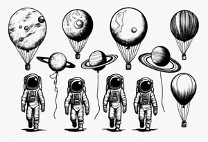 astronaut walking with balloons but balloons are planets tattoo idea