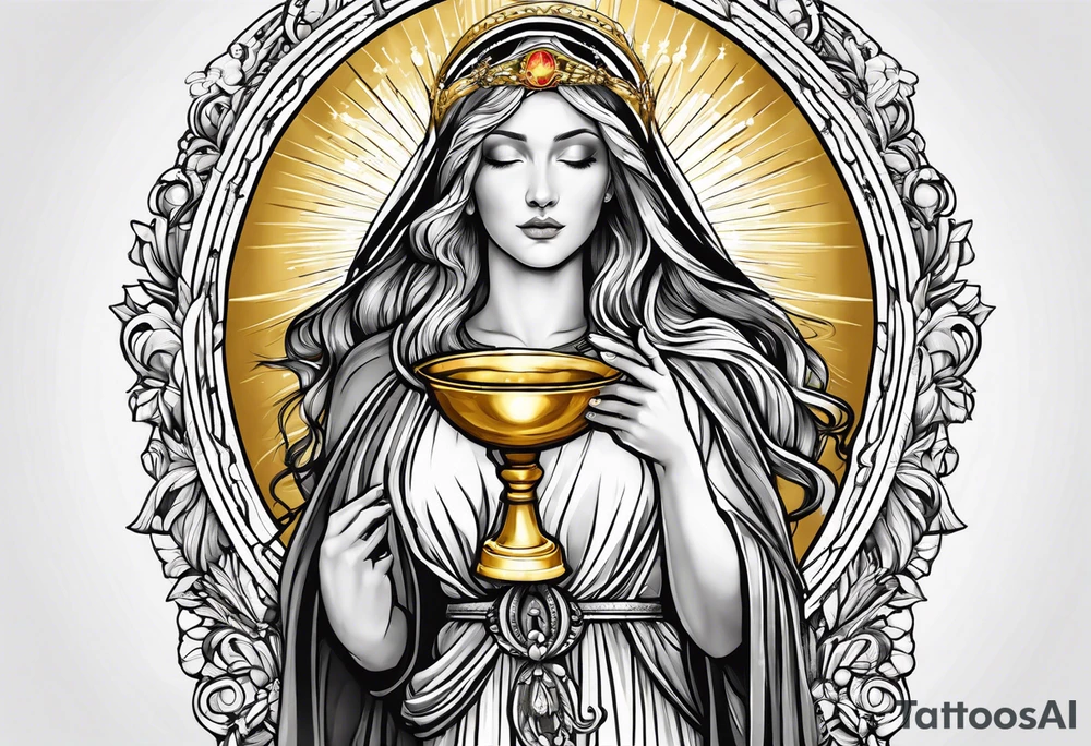 holy saint woman turned away with golden halo holding a chalice tattoo idea