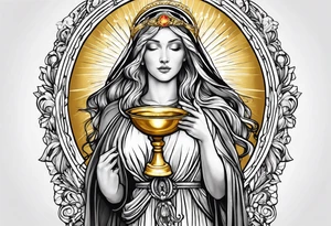 holy saint woman turned away with golden halo holding a chalice tattoo idea