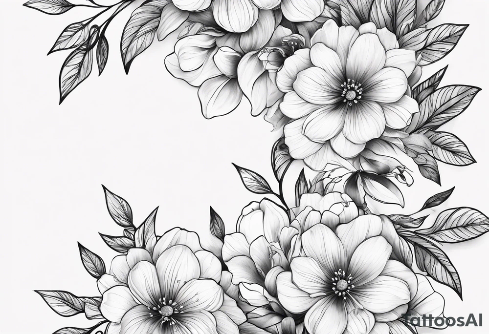 “Generate a subtle botanical tattoo with soft, flowing lines, showcasing tiny flowers and leaves arranged in a delicate pattern tattoo idea