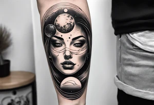 A surrealistic forarm tattoo featuring beautiful woman’s face with glowing eyes holding a planet in her hand. Above her head is a man being lifted up into a black hole tattoo idea