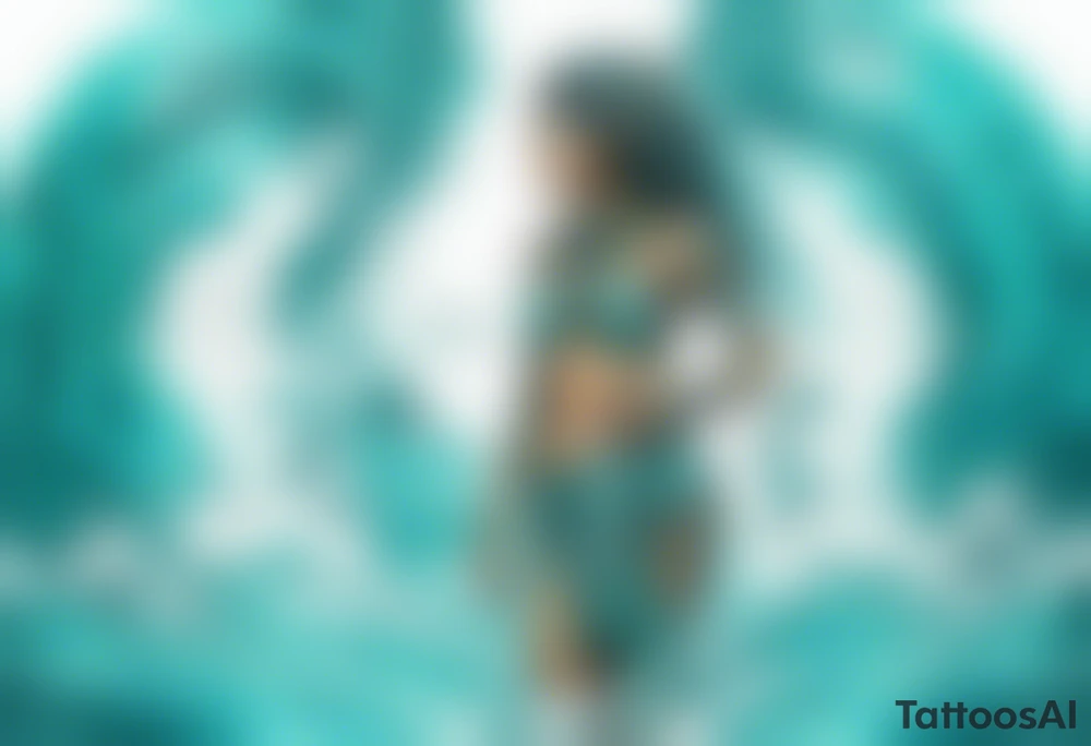 a turquoise Na'vi woman standing in the sea with water for legs surrounded by crashing waves tattoo idea