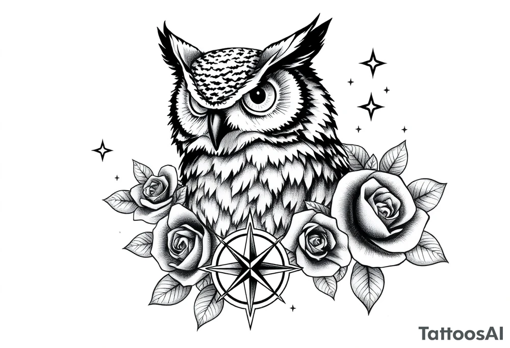 an owl,compass,roses,stars. tattoo idea