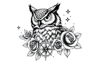 an owl,compass,roses,stars. tattoo idea
