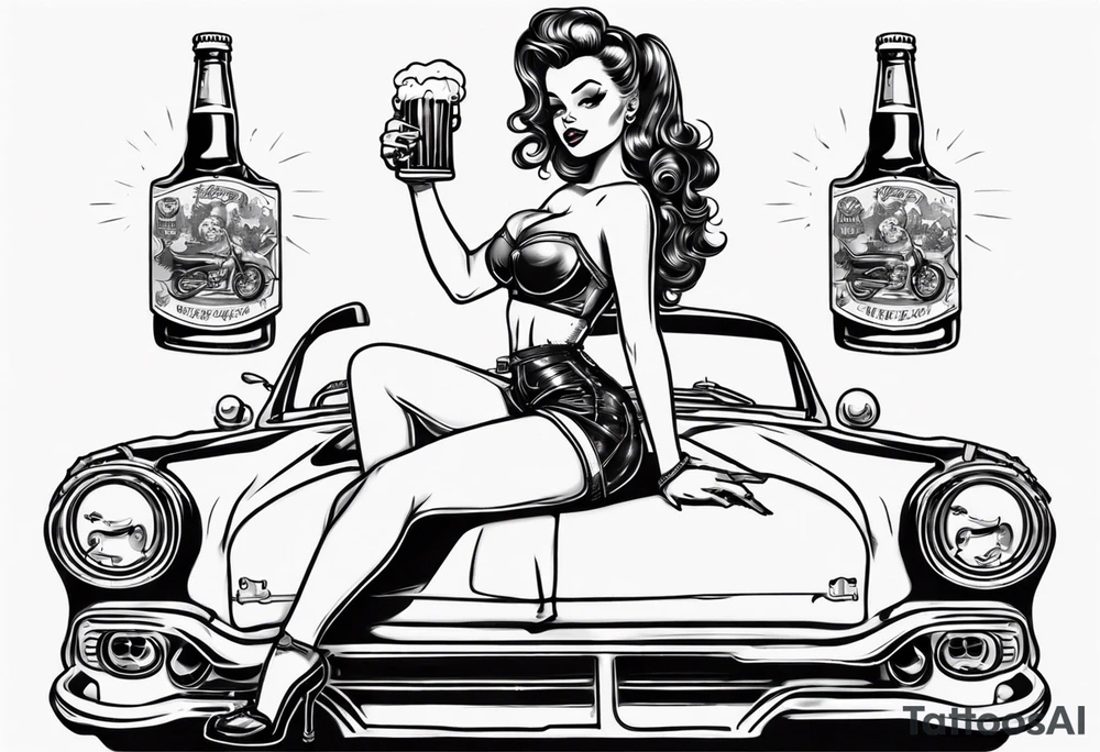 pinup doll sitting on the hood of a classic vintage car drinking a beer tattoo idea
